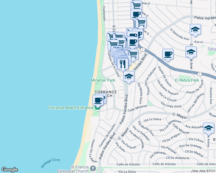 map of restaurants, bars, coffee shops, grocery stores, and more near 213 Calle Miramar in Redondo Beach