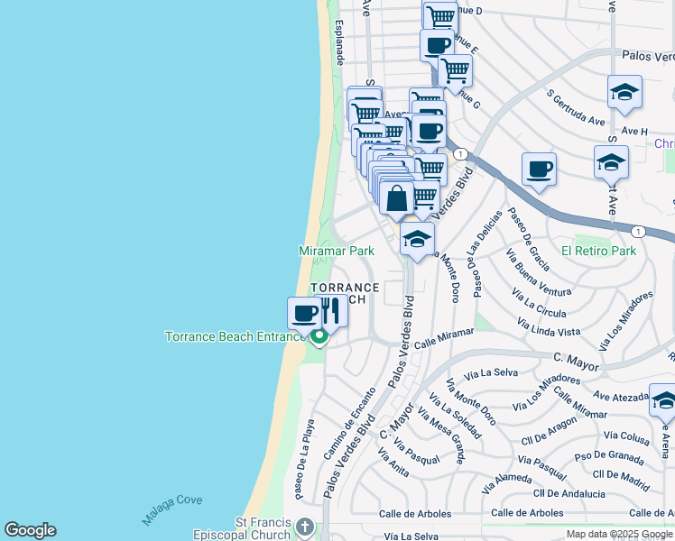 map of restaurants, bars, coffee shops, grocery stores, and more near 215 Paseo De La Playa in Torrance