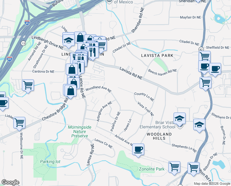 map of restaurants, bars, coffee shops, grocery stores, and more near 1049 Country Lane Northeast in Atlanta