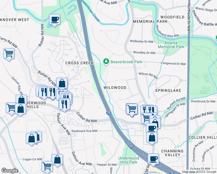 map of restaurants, bars, coffee shops, grocery stores, and more near 2162 Brookview Drive Northwest in Atlanta