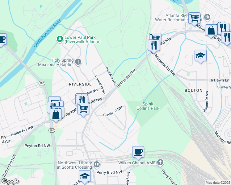 map of restaurants, bars, coffee shops, grocery stores, and more near 2144 Bolton Road Northwest in Atlanta