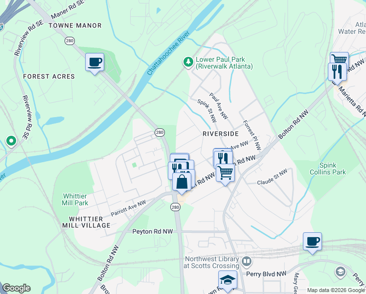 map of restaurants, bars, coffee shops, grocery stores, and more near 2688 West Main Street Northwest in Atlanta