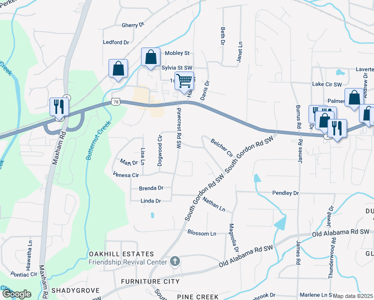 map of restaurants, bars, coffee shops, grocery stores, and more near 1839 Belcher Place Southwest in Austell