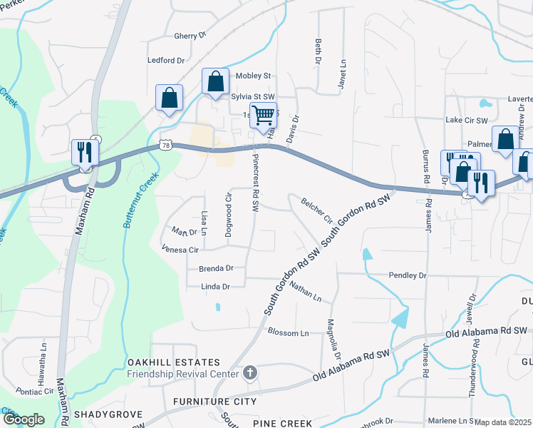 map of restaurants, bars, coffee shops, grocery stores, and more near 1839 Belcher Place Southwest in Austell
