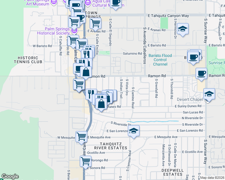 map of restaurants, bars, coffee shops, grocery stores, and more near 595 South Calle Palo Fierro in Palm Springs