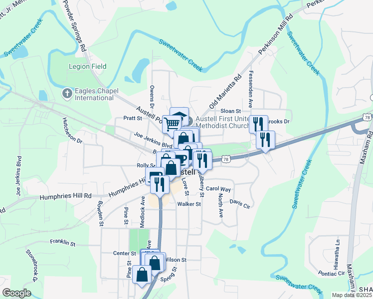 map of restaurants, bars, coffee shops, grocery stores, and more near 2761 Joe Jerkins Boulevard in Austell