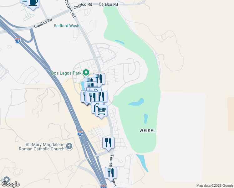 map of restaurants, bars, coffee shops, grocery stores, and more near 4470 Cabot Drive in Corona