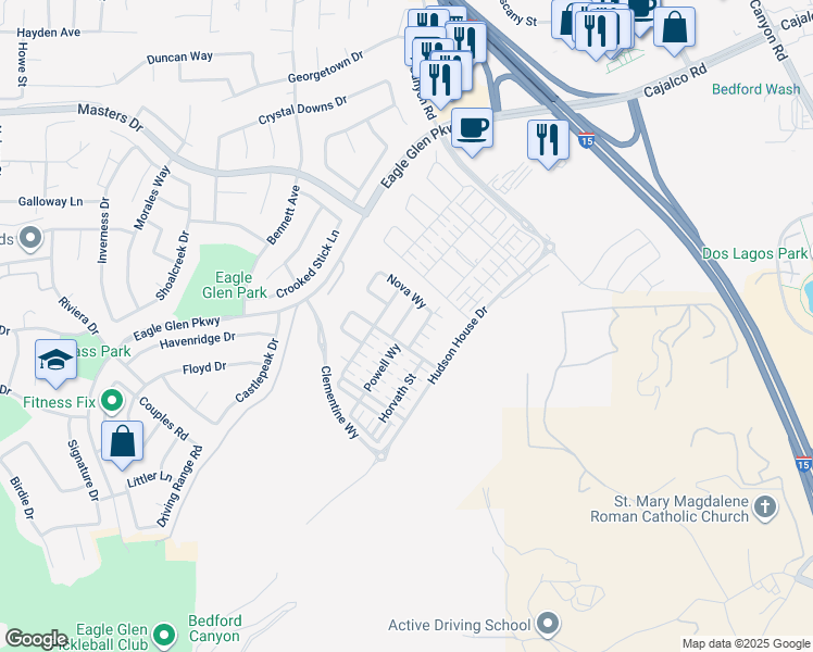 map of restaurants, bars, coffee shops, grocery stores, and more near 4128 Pompia Way in Corona