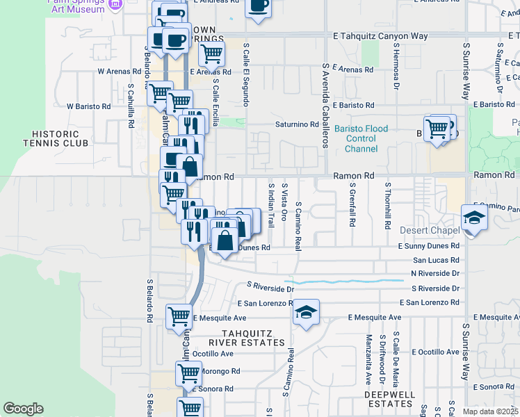 map of restaurants, bars, coffee shops, grocery stores, and more near 590 South Calle Palo Fierro in Palm Springs