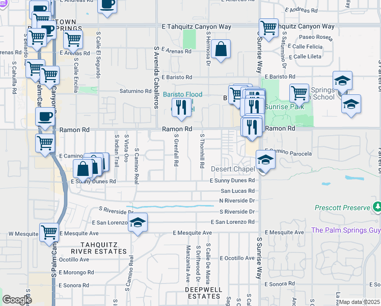 map of restaurants, bars, coffee shops, grocery stores, and more near 1111 Ramon Road in Palm Springs