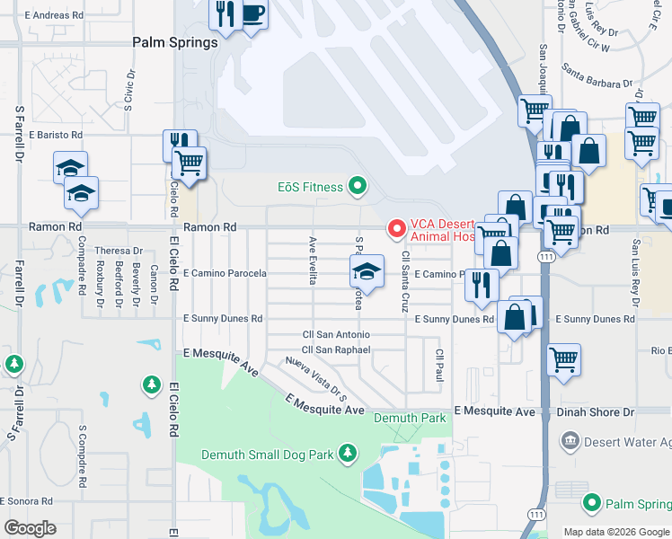 map of restaurants, bars, coffee shops, grocery stores, and more near 3965 East Calle De Carlos in Palm Springs