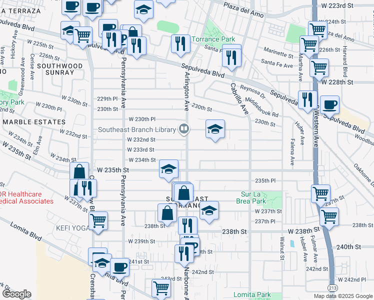 map of restaurants, bars, coffee shops, grocery stores, and more near 233rd Street in Torrance