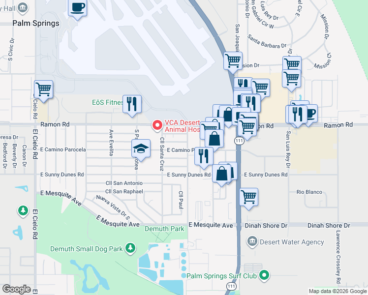 map of restaurants, bars, coffee shops, grocery stores, and more near 4490 East Camino Parocela in Palm Springs