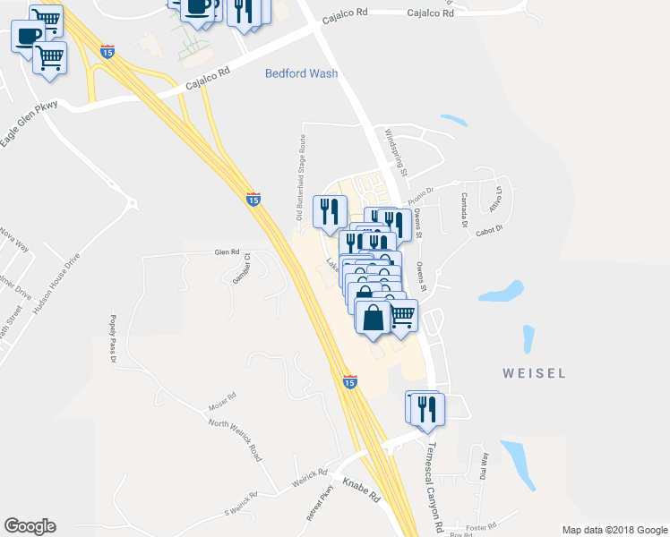 map of restaurants, bars, coffee shops, grocery stores, and more near 2700 Lakeside Drive in Corona