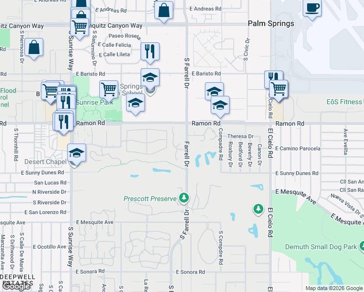 map of restaurants, bars, coffee shops, grocery stores, and more near 505 South Farrell Drive in Palm Springs