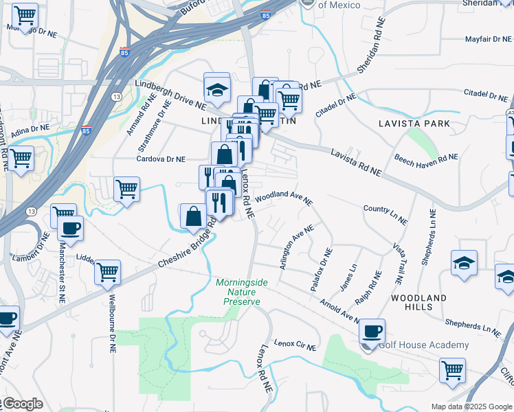 map of restaurants, bars, coffee shops, grocery stores, and more near 2175 Lenox Road Northeast in Atlanta