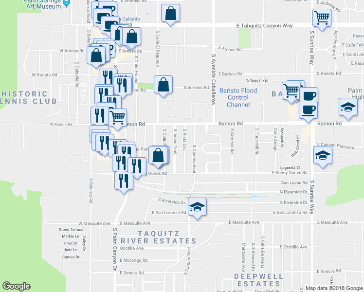 map of restaurants, bars, coffee shops, grocery stores, and more near 840 East Cam Parocela in Palm Springs