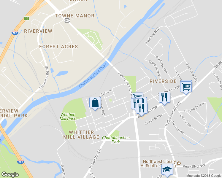 map of restaurants, bars, coffee shops, grocery stores, and more near 2152 Old Georgian Terrace in Atlanta