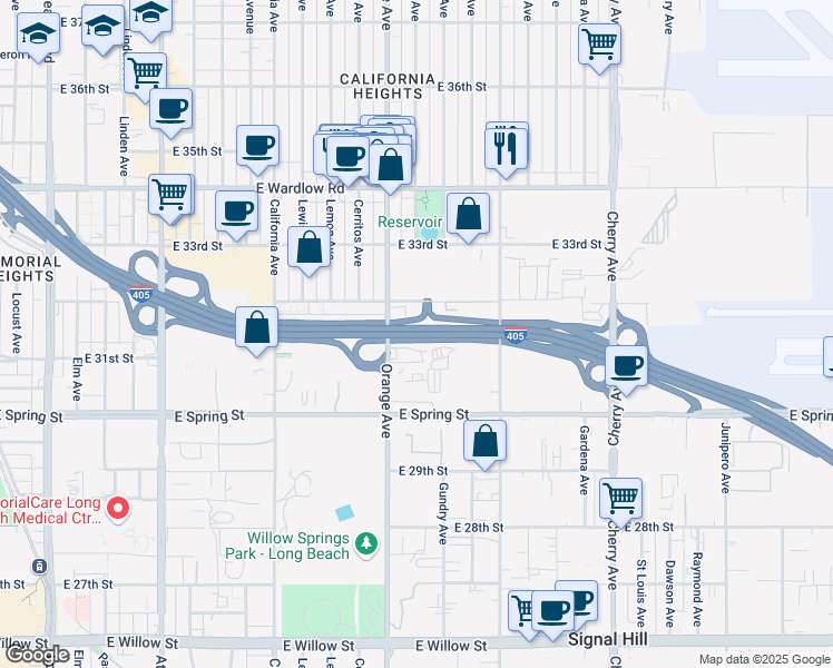 map of restaurants, bars, coffee shops, grocery stores, and more near San Diego Fwy in Signal Hill
