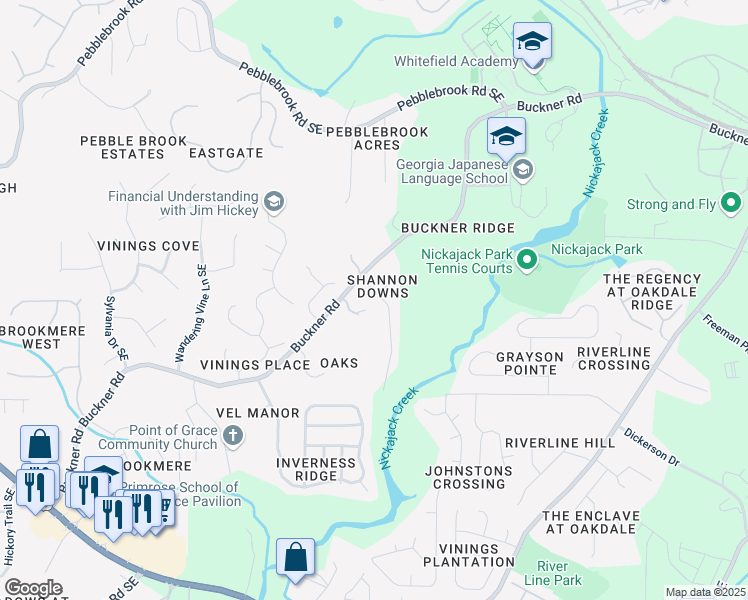 map of restaurants, bars, coffee shops, grocery stores, and more near 5696 Glandor Drive Southeast in Mableton