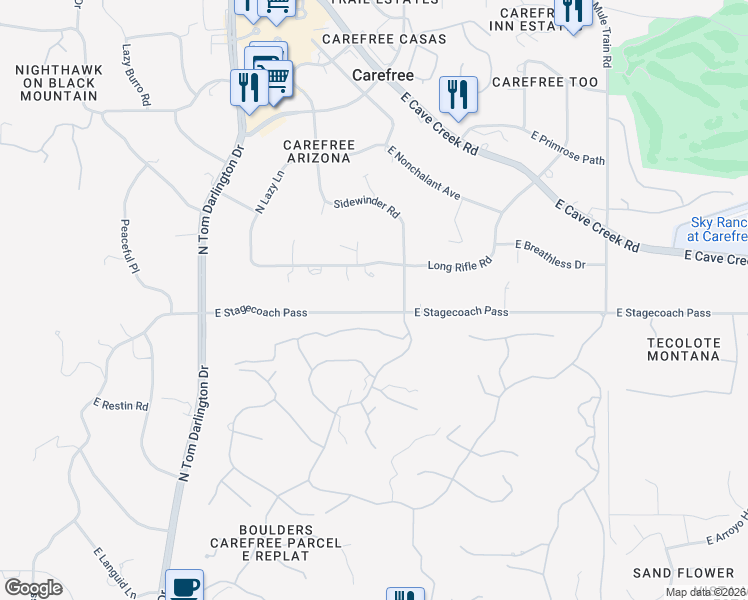 map of restaurants, bars, coffee shops, grocery stores, and more near 490 Sidewinder Road in Cave Creek