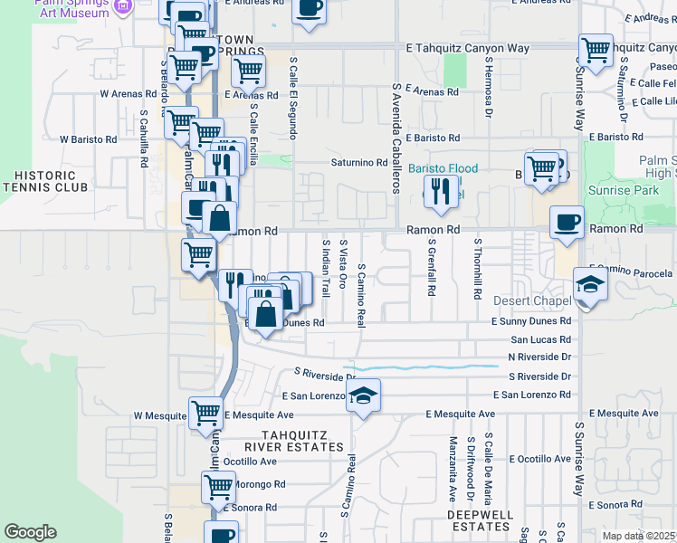 map of restaurants, bars, coffee shops, grocery stores, and more near 840 East Cam Parocela in Palm Springs