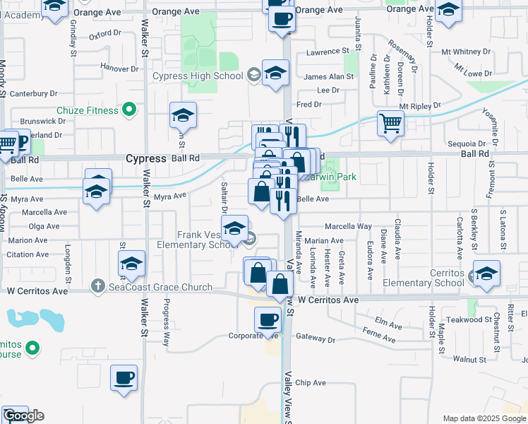 map of restaurants, bars, coffee shops, grocery stores, and more near 10111 Valley View Street in Cypress
