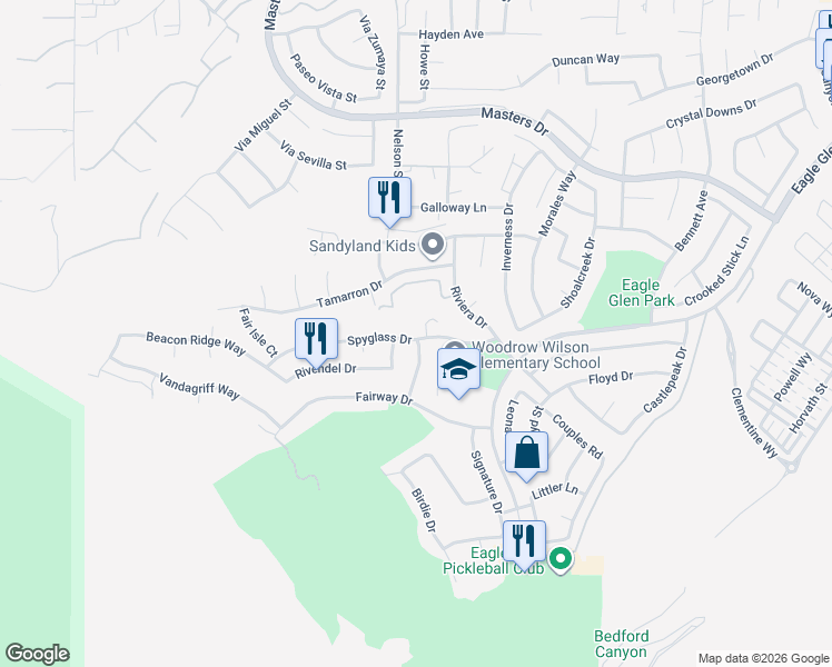 map of restaurants, bars, coffee shops, grocery stores, and more near 1699 Spyglass Drive in Corona
