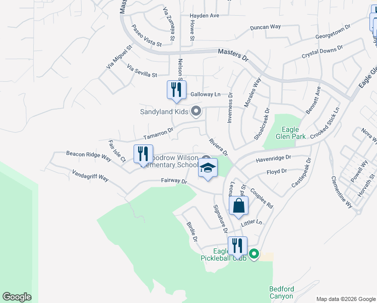map of restaurants, bars, coffee shops, grocery stores, and more near 1699 Spyglass Drive in Corona