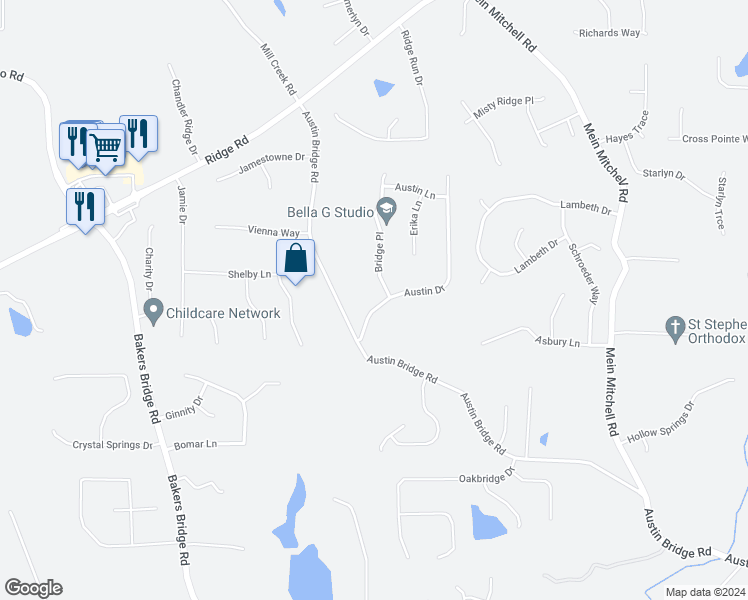 map of restaurants, bars, coffee shops, grocery stores, and more near 115 Austin Drive in Douglasville
