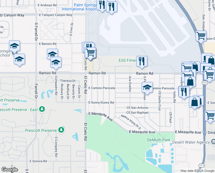 map of restaurants, bars, coffee shops, grocery stores, and more near 589 South Mountain View Drive in Palm Springs