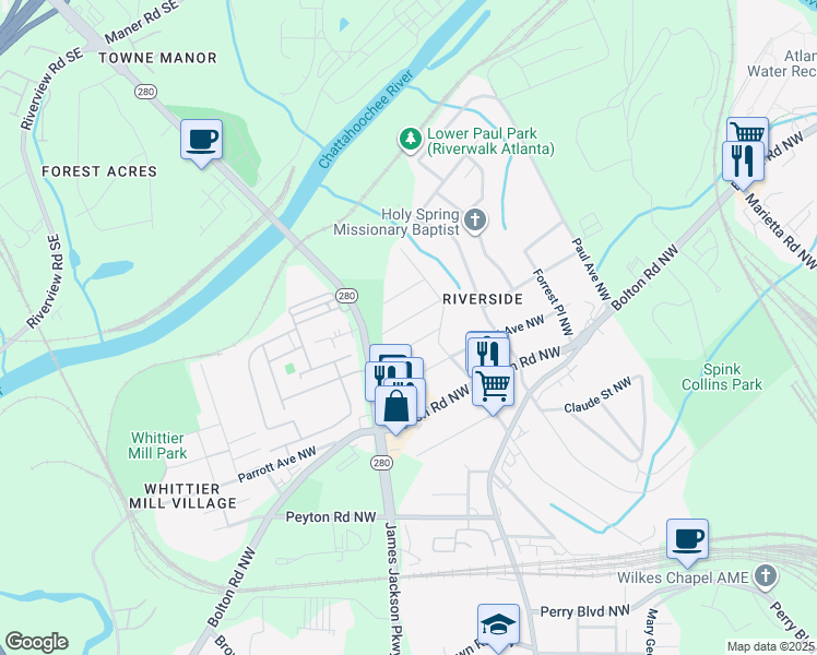 map of restaurants, bars, coffee shops, grocery stores, and more near 2666 Main Street Northwest in Atlanta