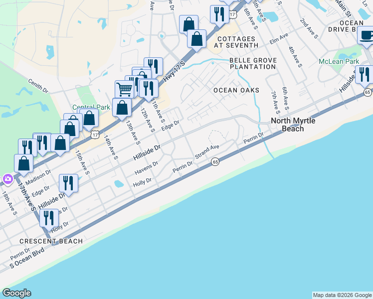 map of restaurants, bars, coffee shops, grocery stores, and more near 500 10th Avenue South in North Myrtle Beach