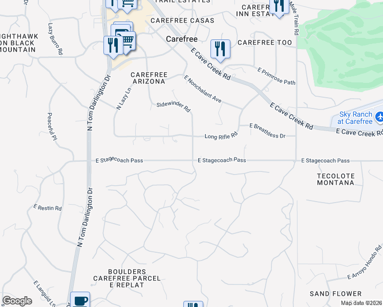 map of restaurants, bars, coffee shops, grocery stores, and more near 490 Sidewinder Road in Cave Creek