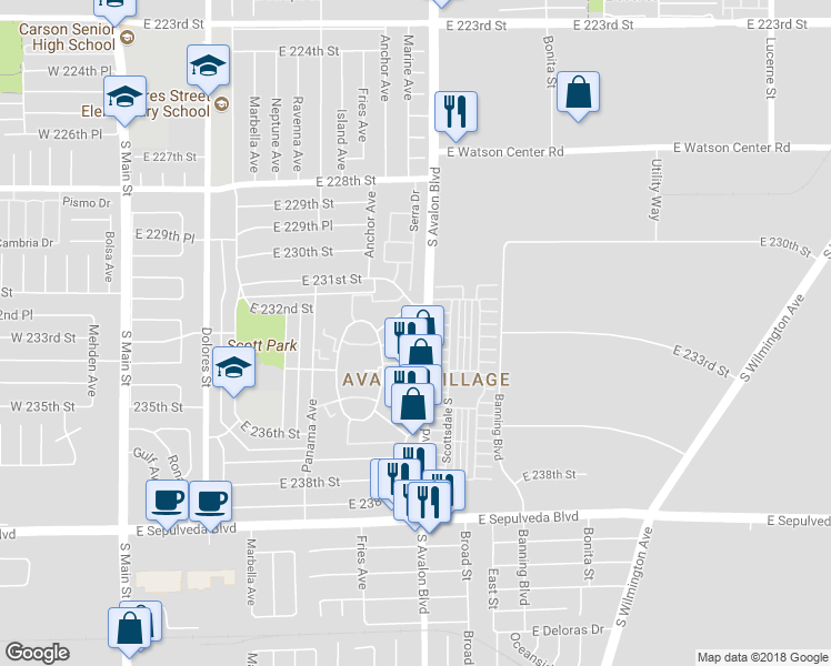 map of restaurants, bars, coffee shops, grocery stores, and more near 23220 Colony Park Drive in Carson