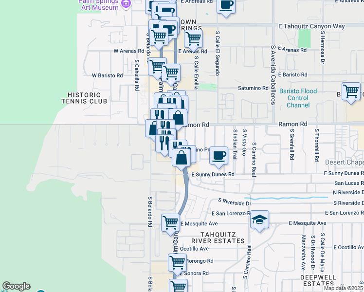 map of restaurants, bars, coffee shops, grocery stores, and more near 611 South Palm Canyon Drive in Palm Springs