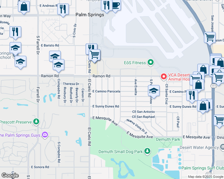 map of restaurants, bars, coffee shops, grocery stores, and more near 589 South Mountain View Drive in Palm Springs