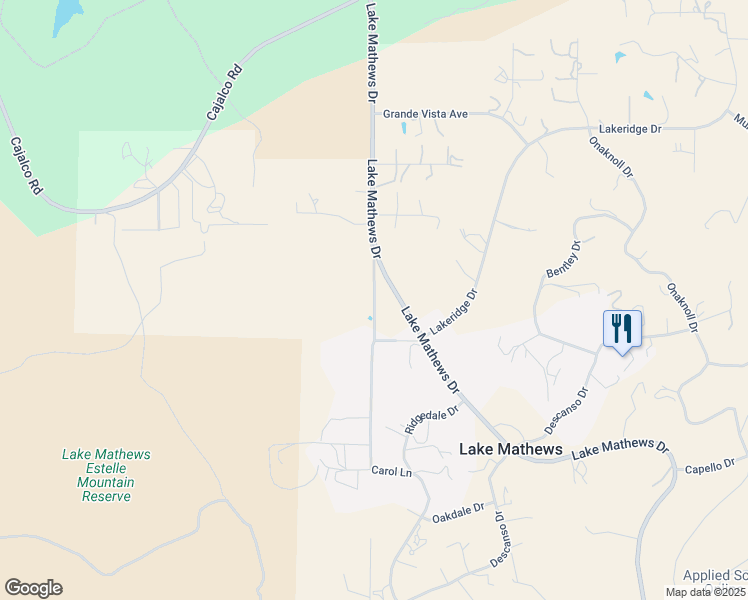 map of restaurants, bars, coffee shops, grocery stores, and more near Stoneridge Place in Lake Mathews