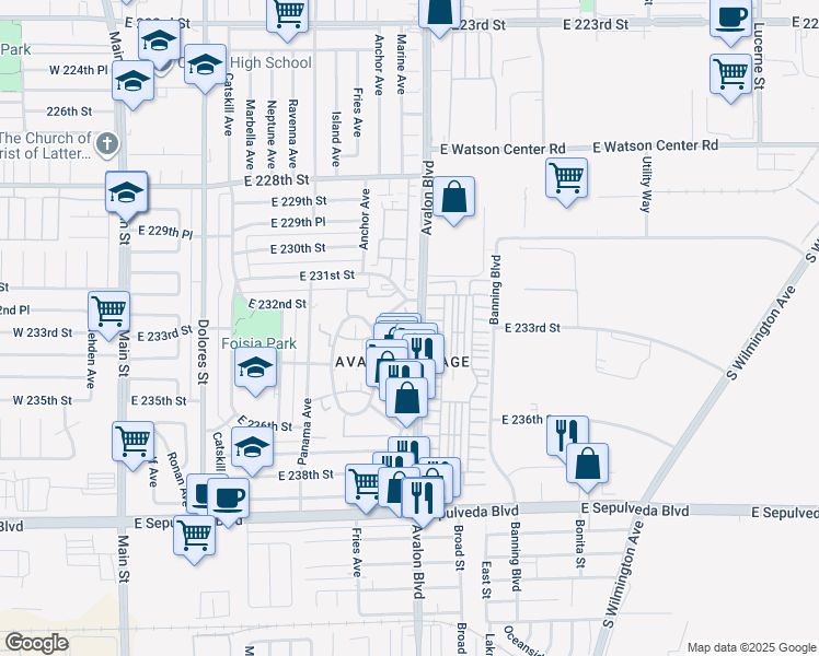 map of restaurants, bars, coffee shops, grocery stores, and more near 23220 Colony Park Drive in Carson