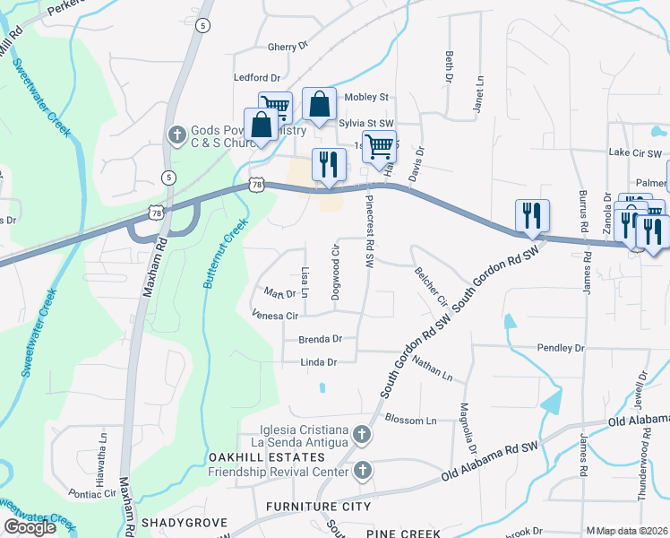 map of restaurants, bars, coffee shops, grocery stores, and more near 5734 Dogwood Circle in Austell