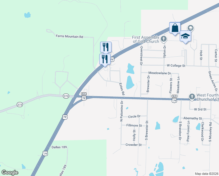map of restaurants, bars, coffee shops, grocery stores, and more near 2407 Ferris Mountain Drive in Fordyce