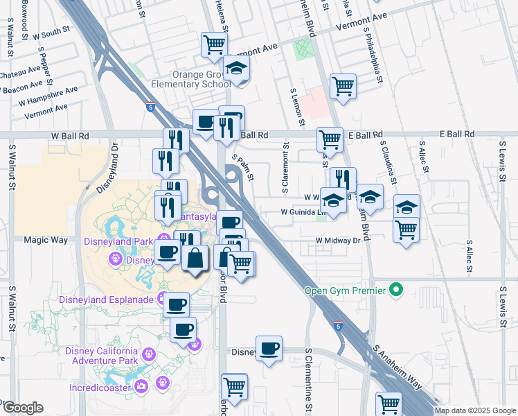 map of restaurants, bars, coffee shops, grocery stores, and more near 1357 South Palm Street in Anaheim