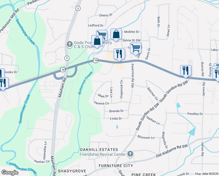 map of restaurants, bars, coffee shops, grocery stores, and more near 5750 Lisa Lane in Austell