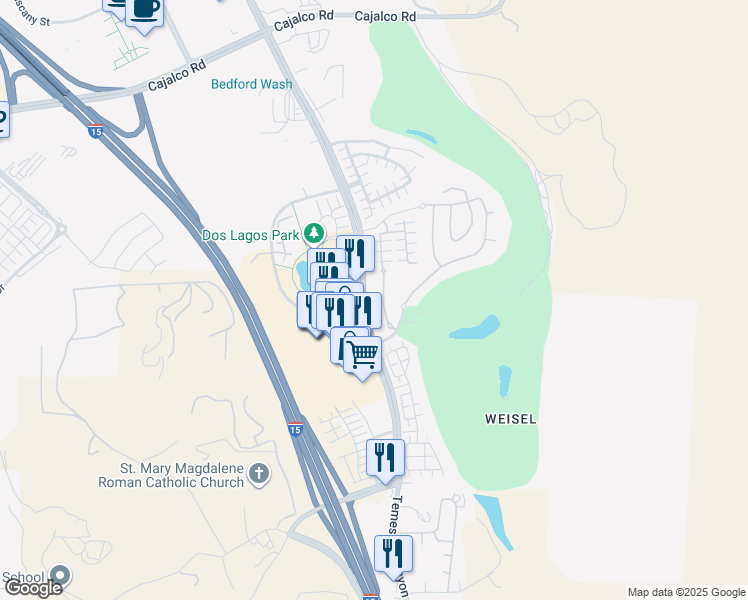map of restaurants, bars, coffee shops, grocery stores, and more near 4440 Owens Street in Corona