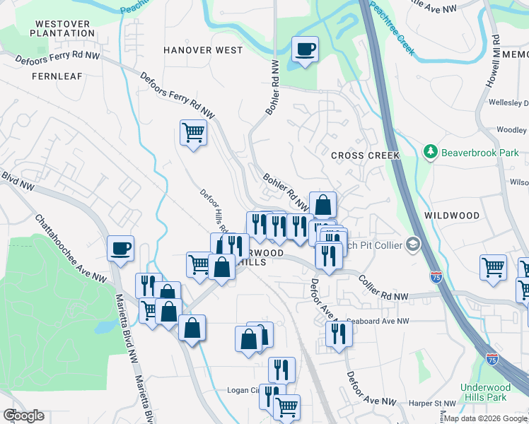map of restaurants, bars, coffee shops, grocery stores, and more near 2170 Defoors Ferry Road Northwest in Atlanta