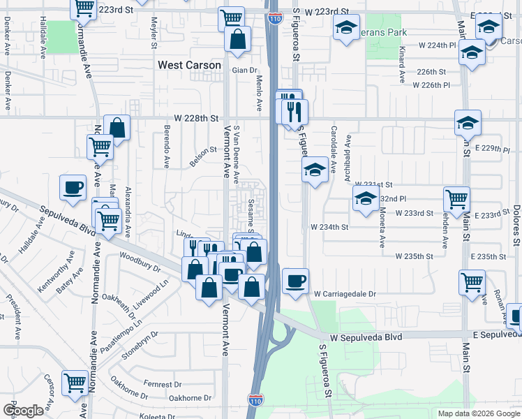 map of restaurants, bars, coffee shops, grocery stores, and more near 803 West 232nd Street in Torrance