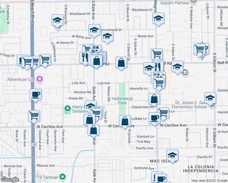 map of restaurants, bars, coffee shops, grocery stores, and more near 10221 Macduff Street in Stanton