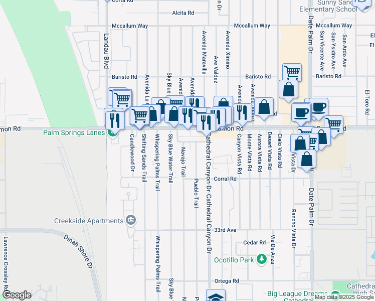 map of restaurants, bars, coffee shops, grocery stores, and more near 32200 Navajo Trail in Cathedral City