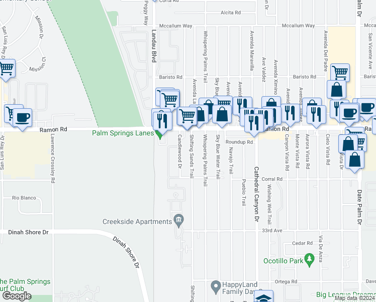 map of restaurants, bars, coffee shops, grocery stores, and more near 32188 Shifting Sands Trail in Cathedral City
