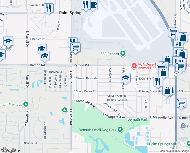 map of restaurants, bars, coffee shops, grocery stores, and more near 563 El Placer Road in Palm Springs
